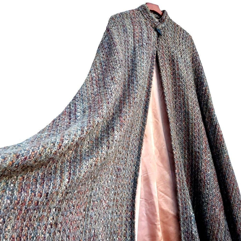 Volup Vintage Cape 70s Wool Woven Maxi Brown Gray Bespoke Plus Size